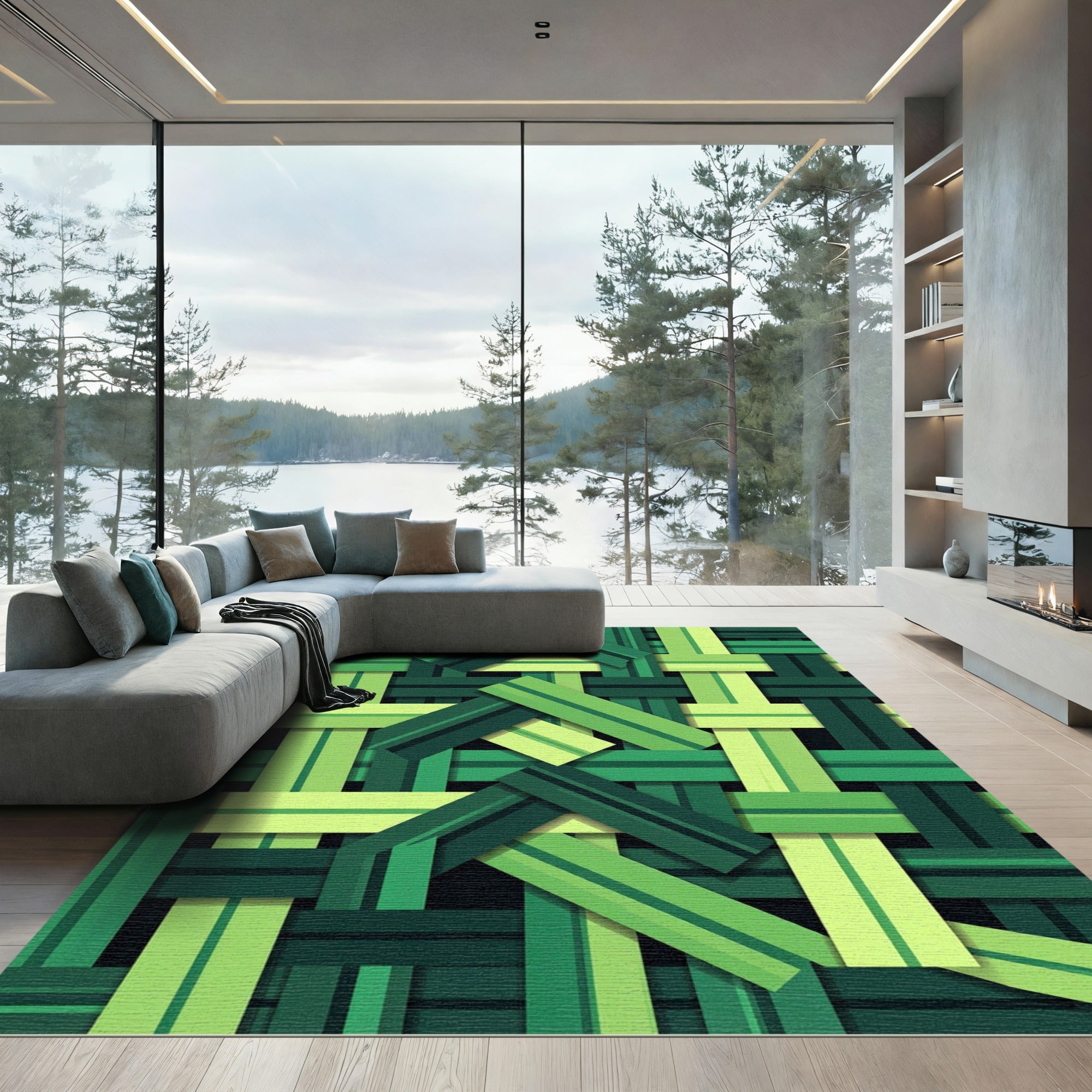 Modern Emerald Interwoven Geometric Weave Rug