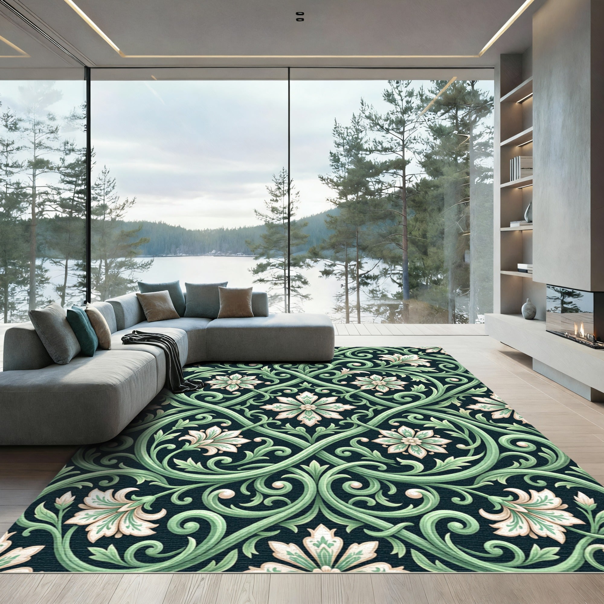 Emerald Green Floral Arabesque Rug