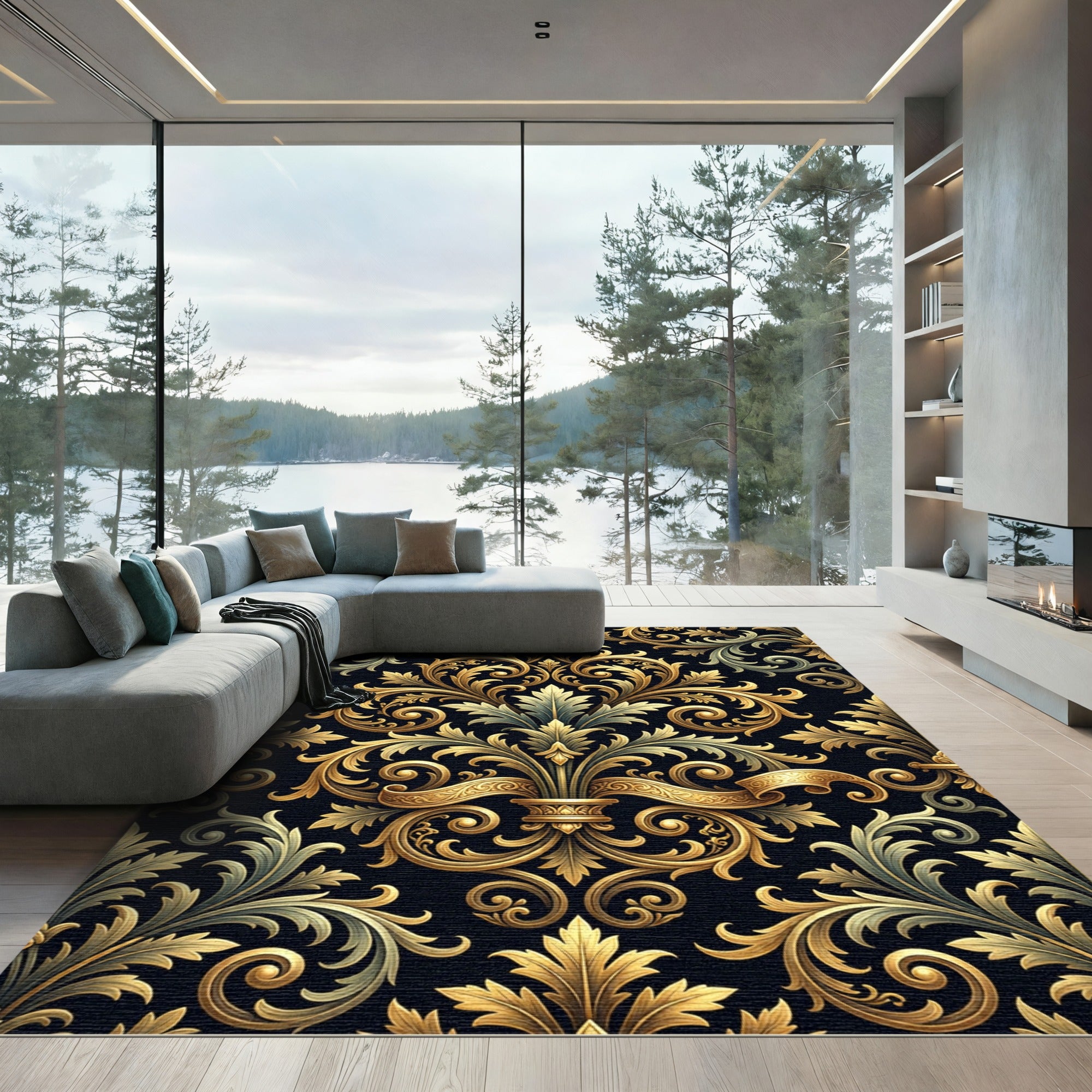 Ornate Gold Damask Filigree Scroll Rug