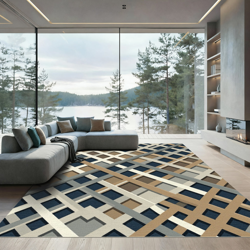 Modern Neutral Grid Intersecting Stripe Rug
