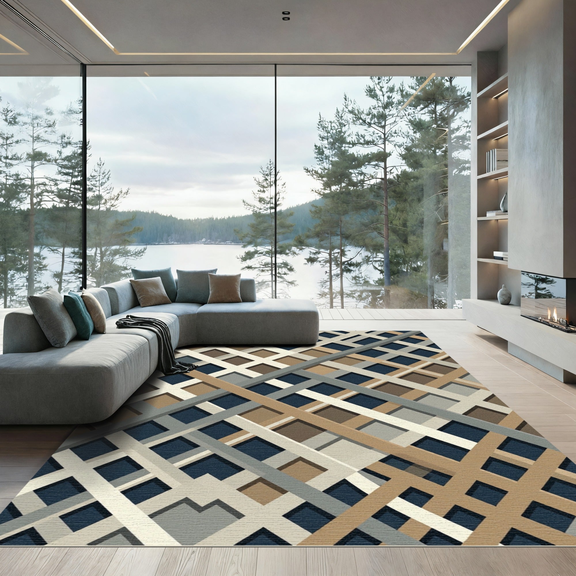 Modern Neutral Grid Intersecting Stripe Rug