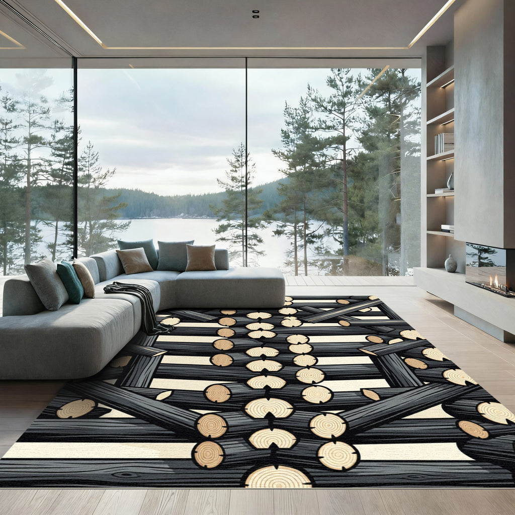 Rustic Monochrome Stacked Log Abstract Rug