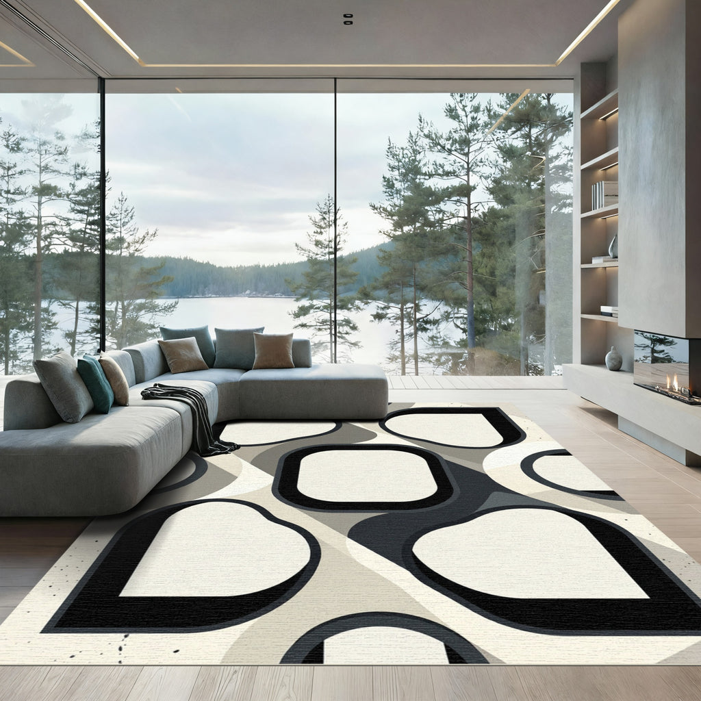 Minimalist Monochrome Abstract Geometric Curvature Rug