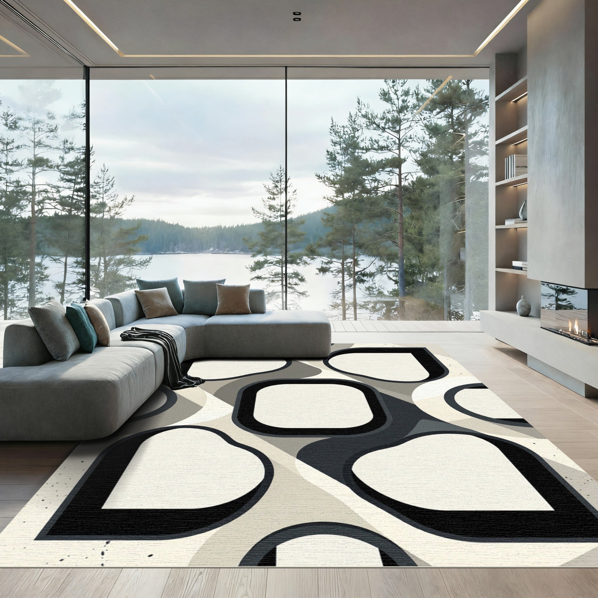 Minimalist Monochrome Abstract Geometric Curvature Rug