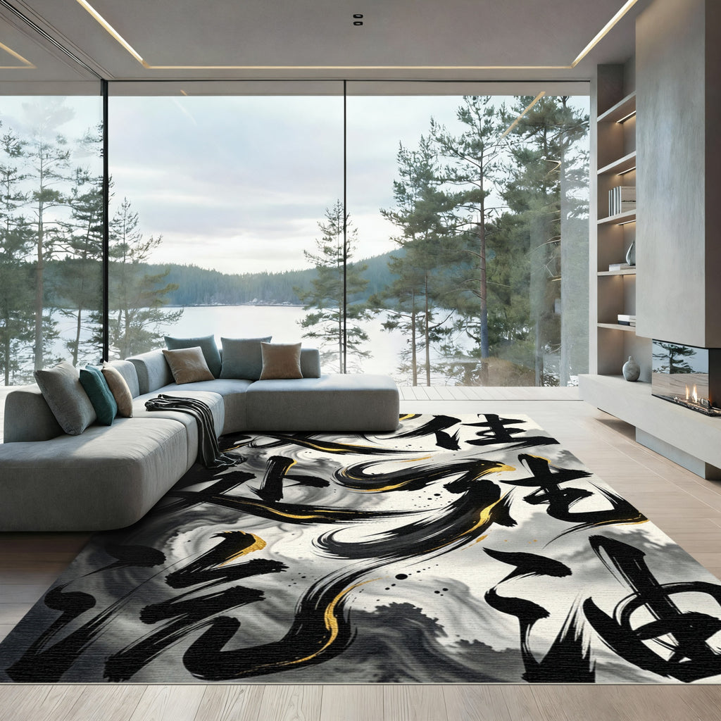 Elegant Black Gold Zen Ink Abstract Rug