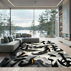 Elegant Black Gold Zen Ink Abstract Rug