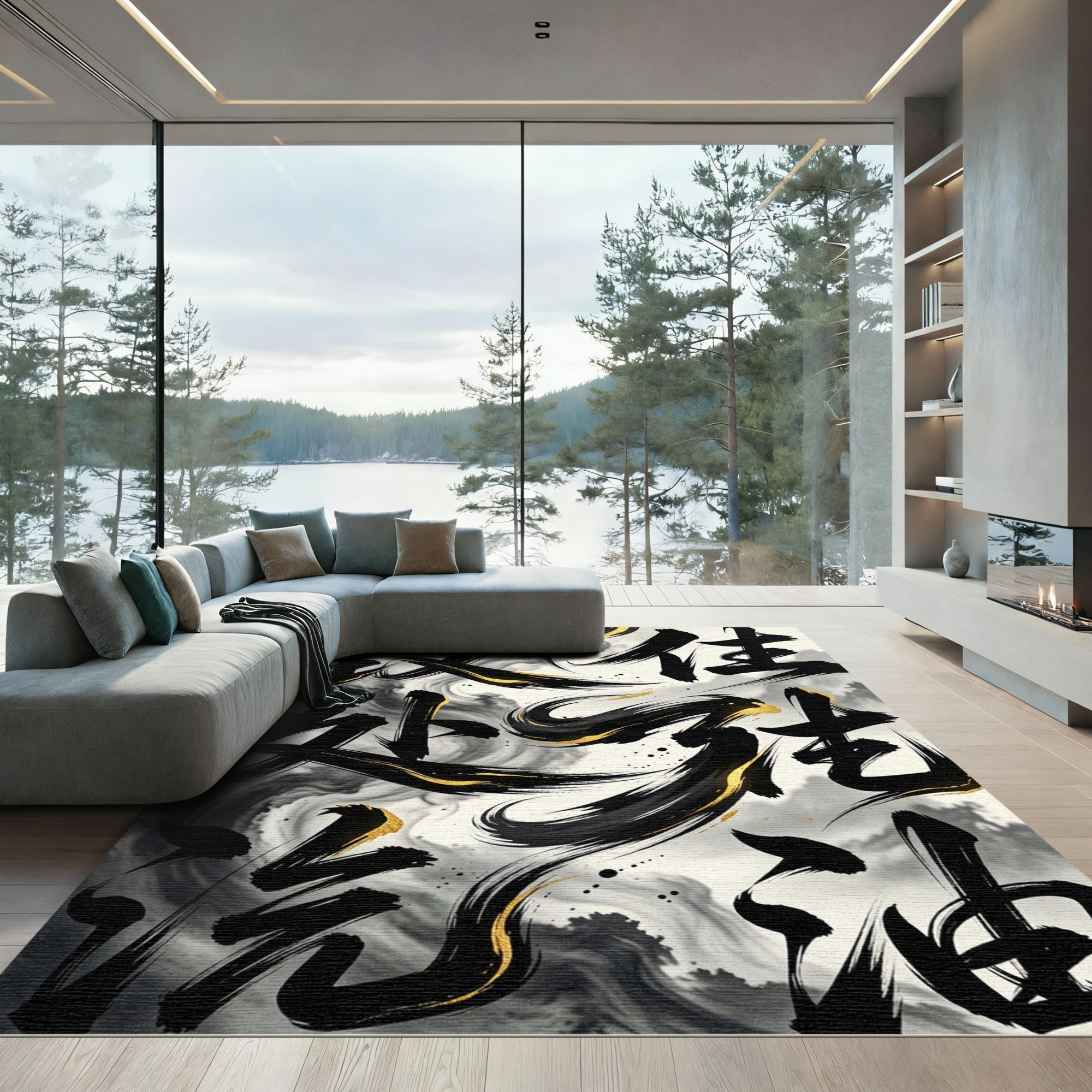 Elegant Black Gold Zen Ink Abstract Rug