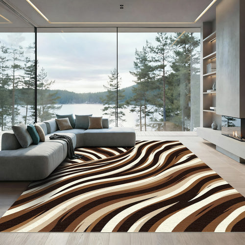 Abstract Brown and White Wavy Texture Rug
