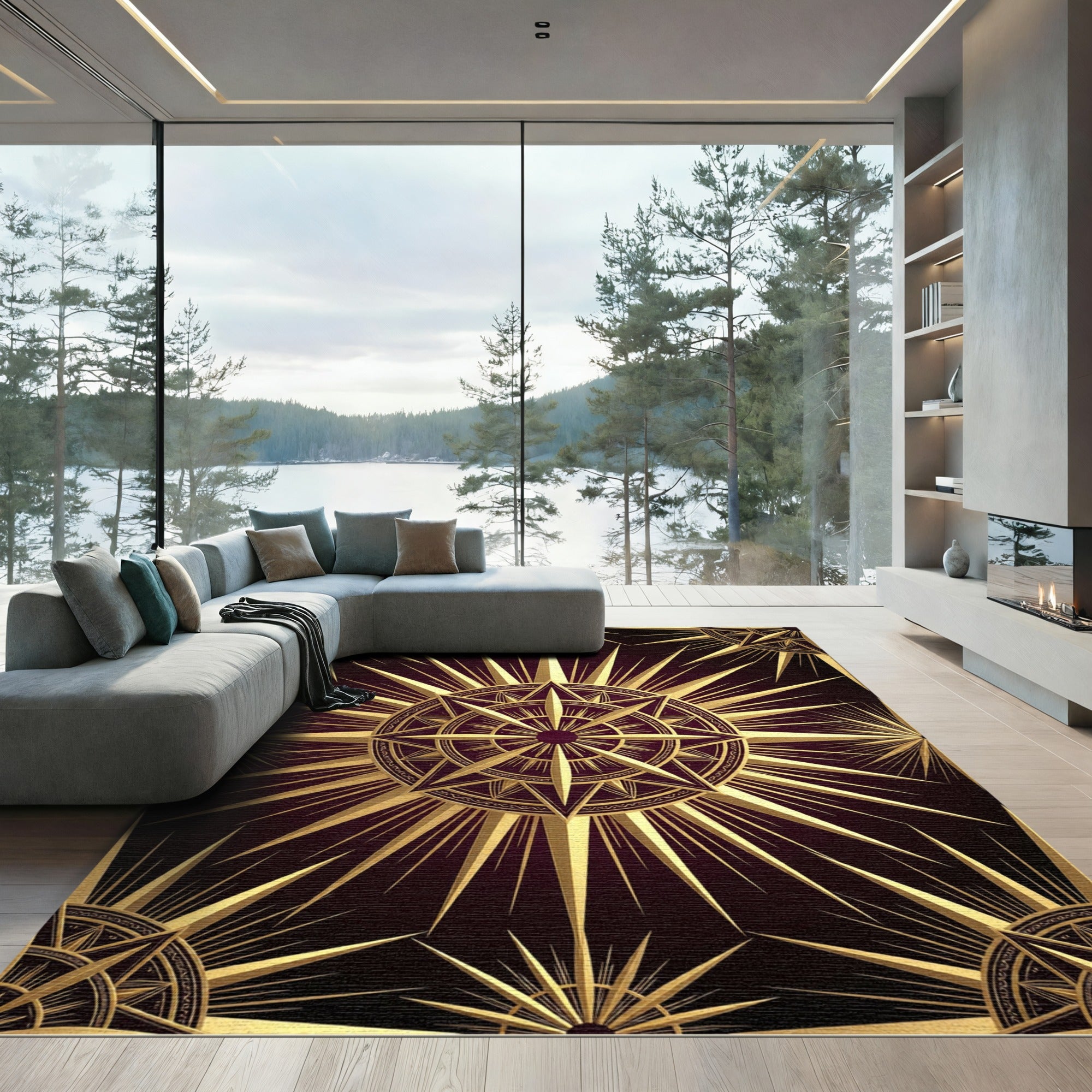 Golden Celestial Starburst Burgundy Medallion Rug