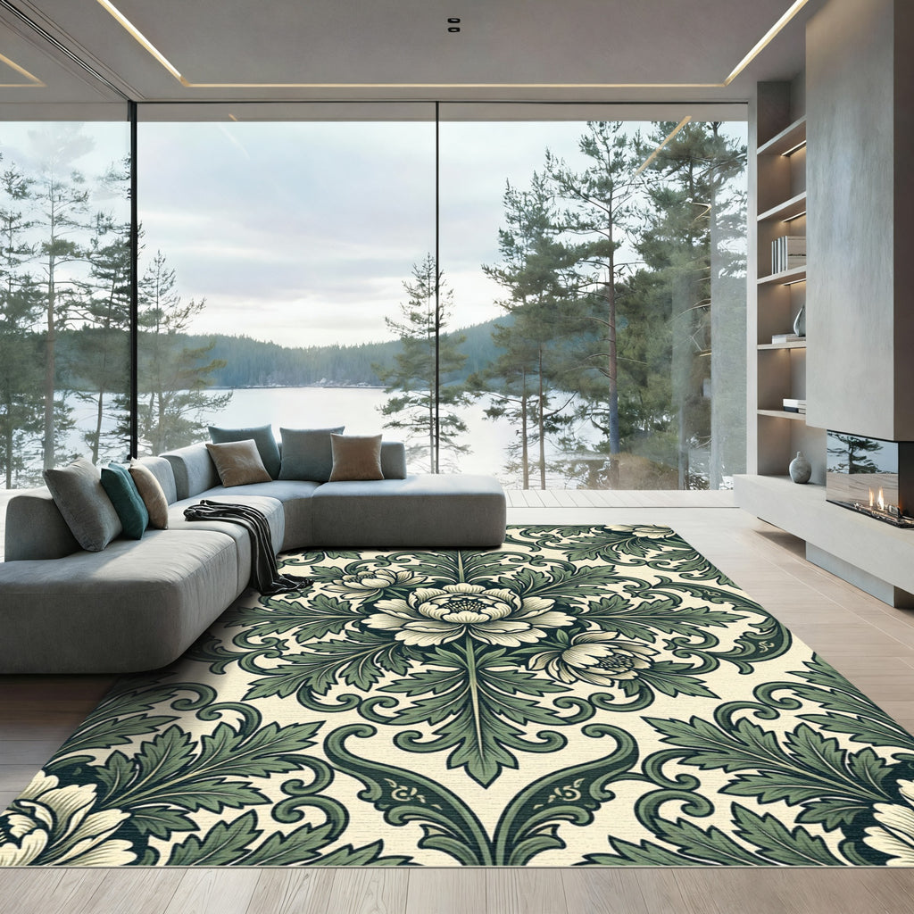 Sage Green Ornate Floral Damask Rug