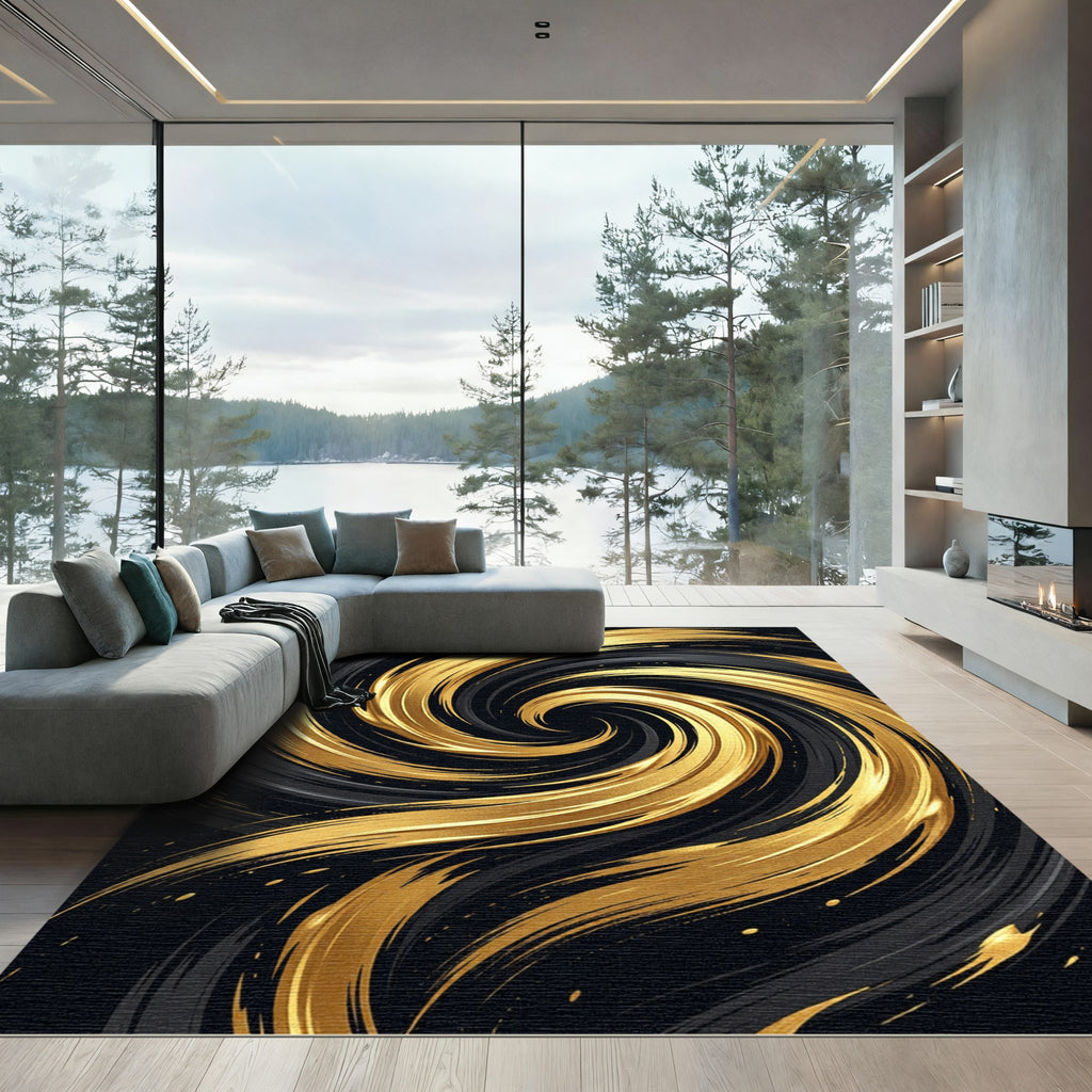 Modern Golden Swirl Abstract Area Rug
