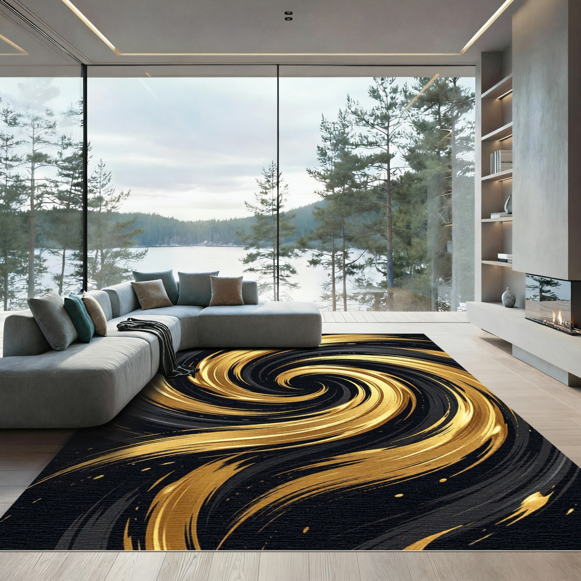 Modern Golden Swirl Abstract Area Rug
