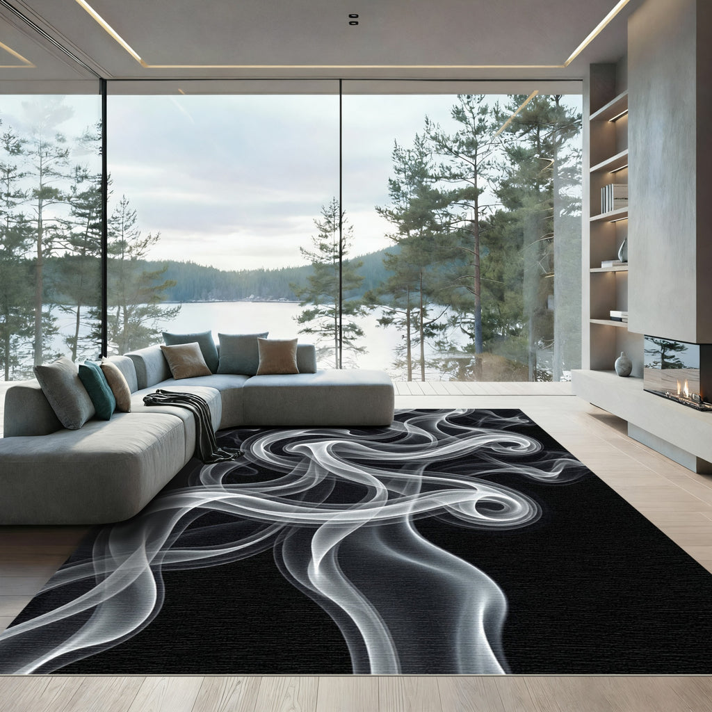 Ethereal Monochrome Fluid Smoke Swirl Rug