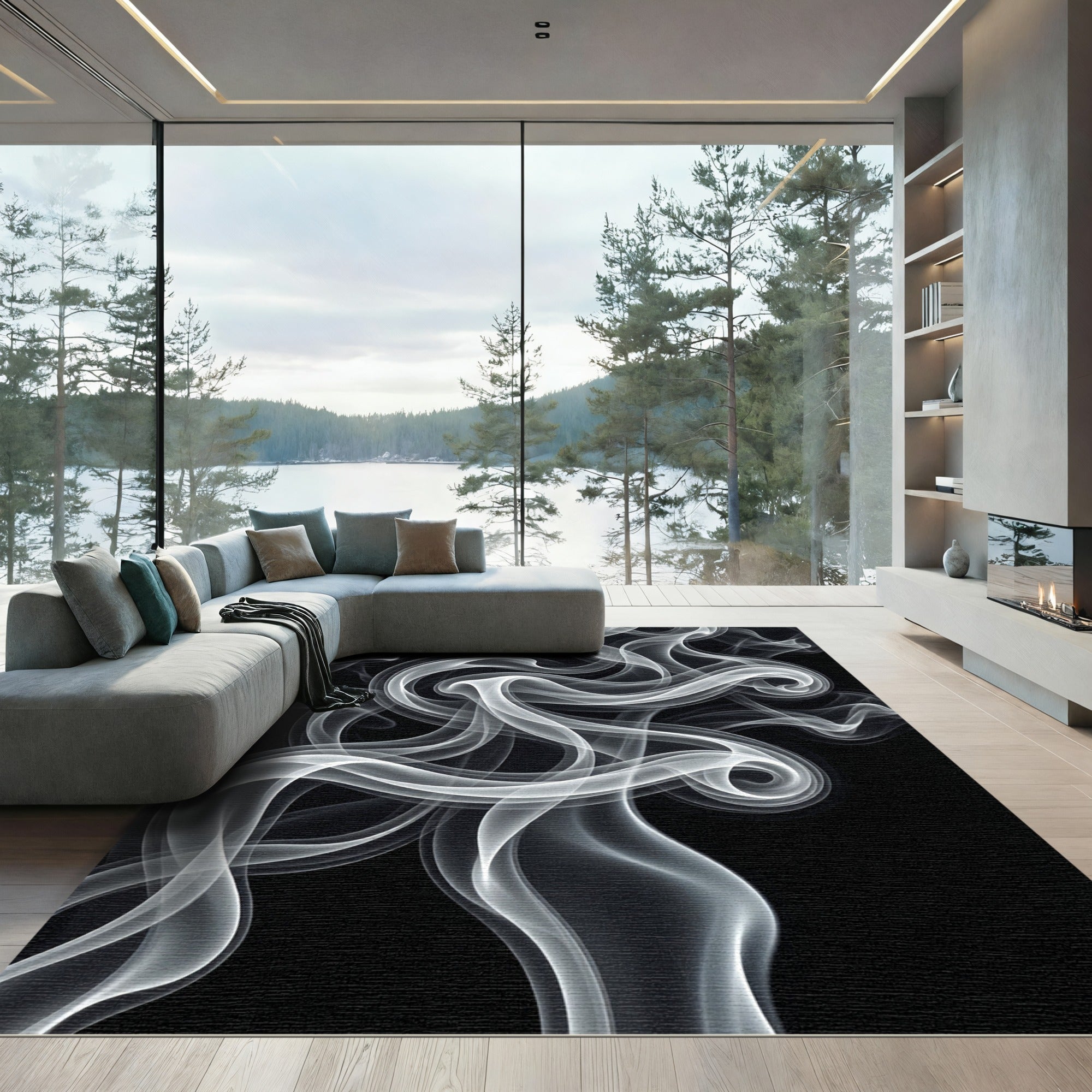 Ethereal Monochrome Fluid Smoke Swirl Rug