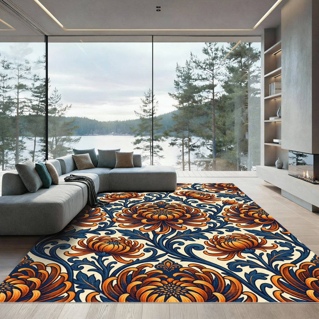 Orange Chrysanthemum Indigo Scroll Rug