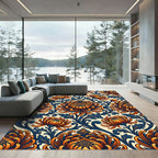 Orange Chrysanthemum Indigo Scroll Rug