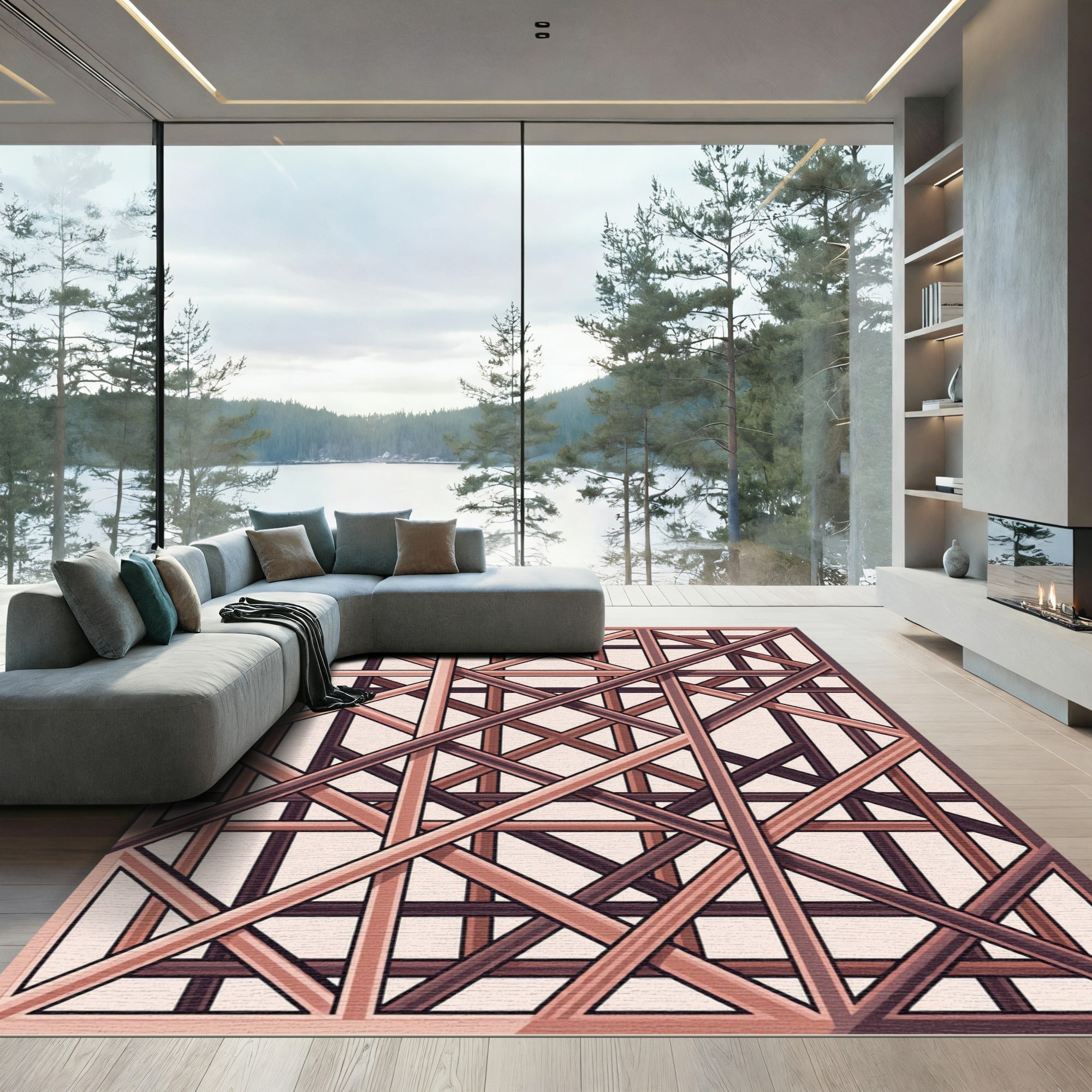 Geometric Lattice Pink Brown Layers Rug