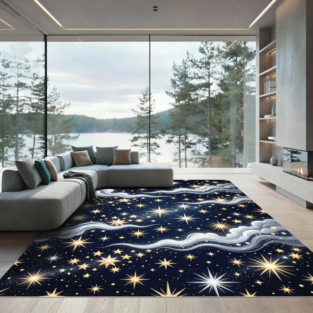 Golden Starry Night Sky Swirl Rug