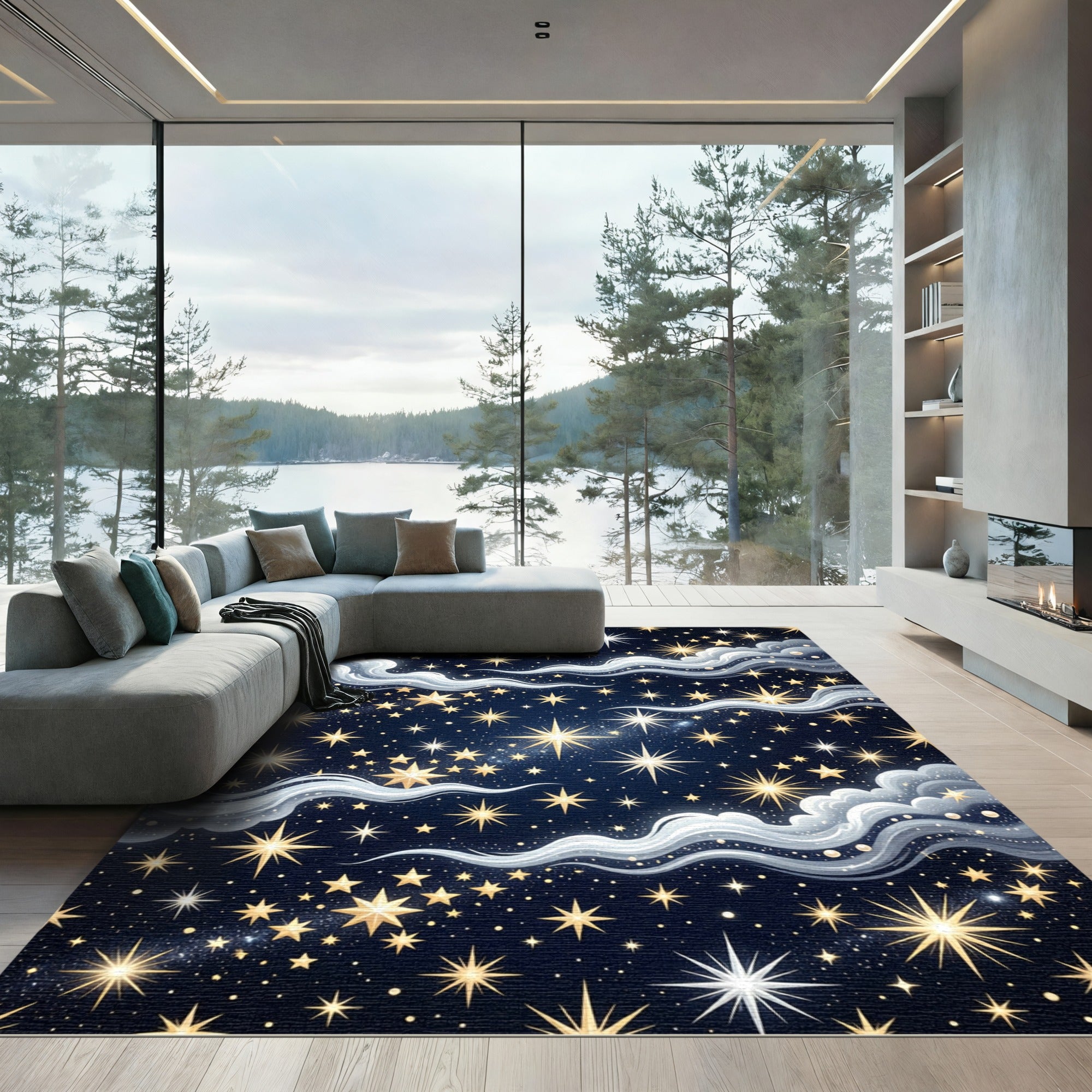 Golden Starry Night Sky Swirl Rug
