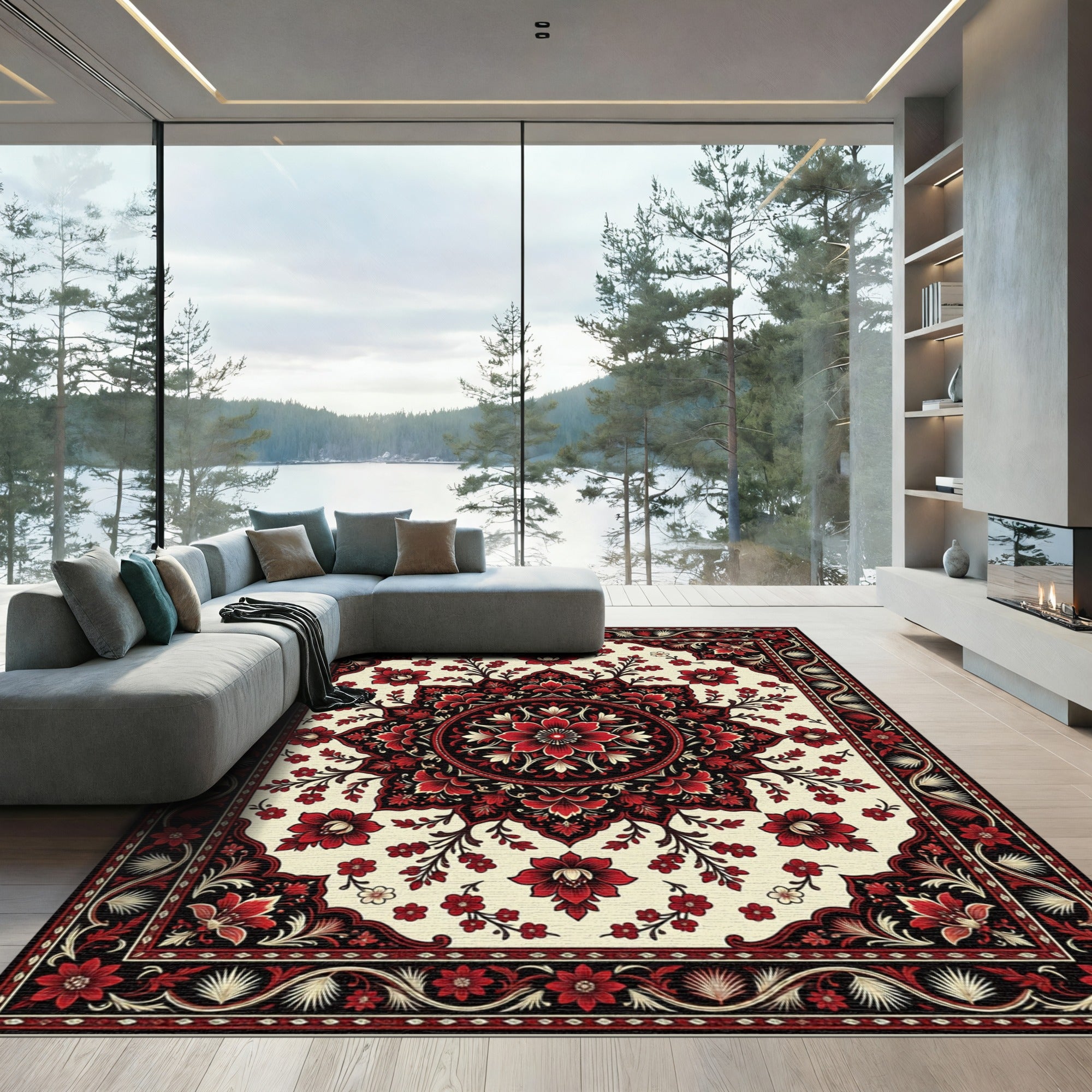 Crimson Black Floral Medallion Radiance Rug