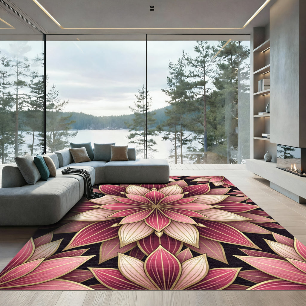 Elegant Pink Floral Lotus Medallion Rug