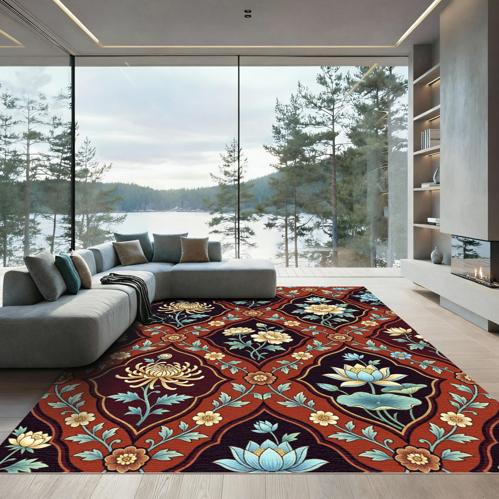 Rich Crimson Chinoiserie Floral Medallion Rug