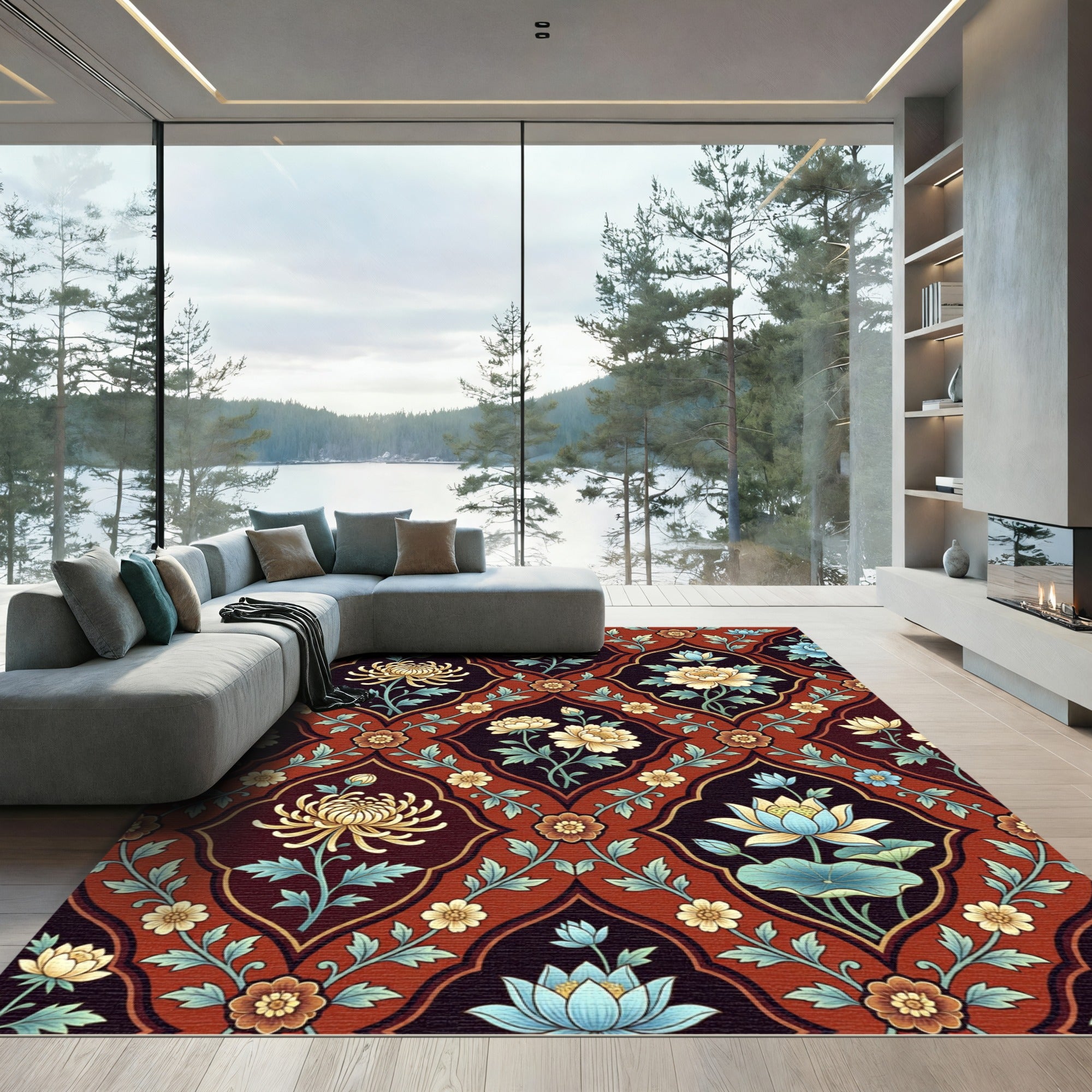Rich Crimson Chinoiserie Floral Medallion Rug