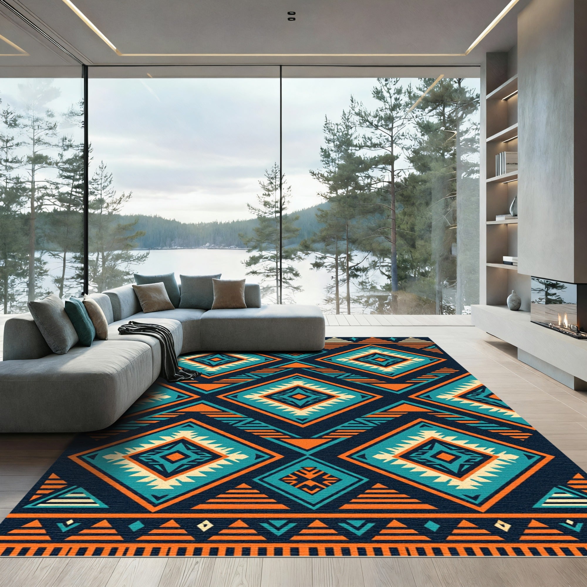 Teal Orange Diamond Tribal Geometric Rug