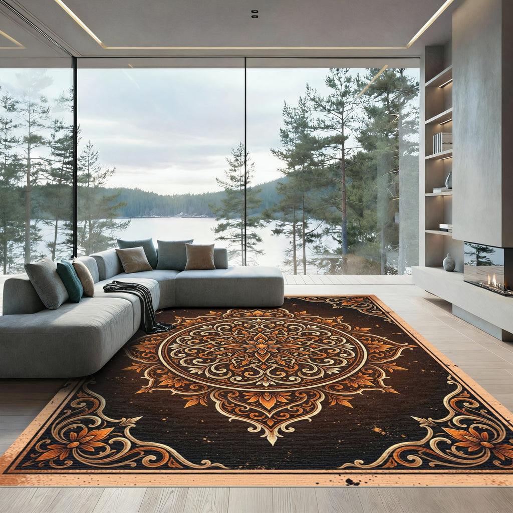 Ornate Amber Floral Medallion Scroll Rug