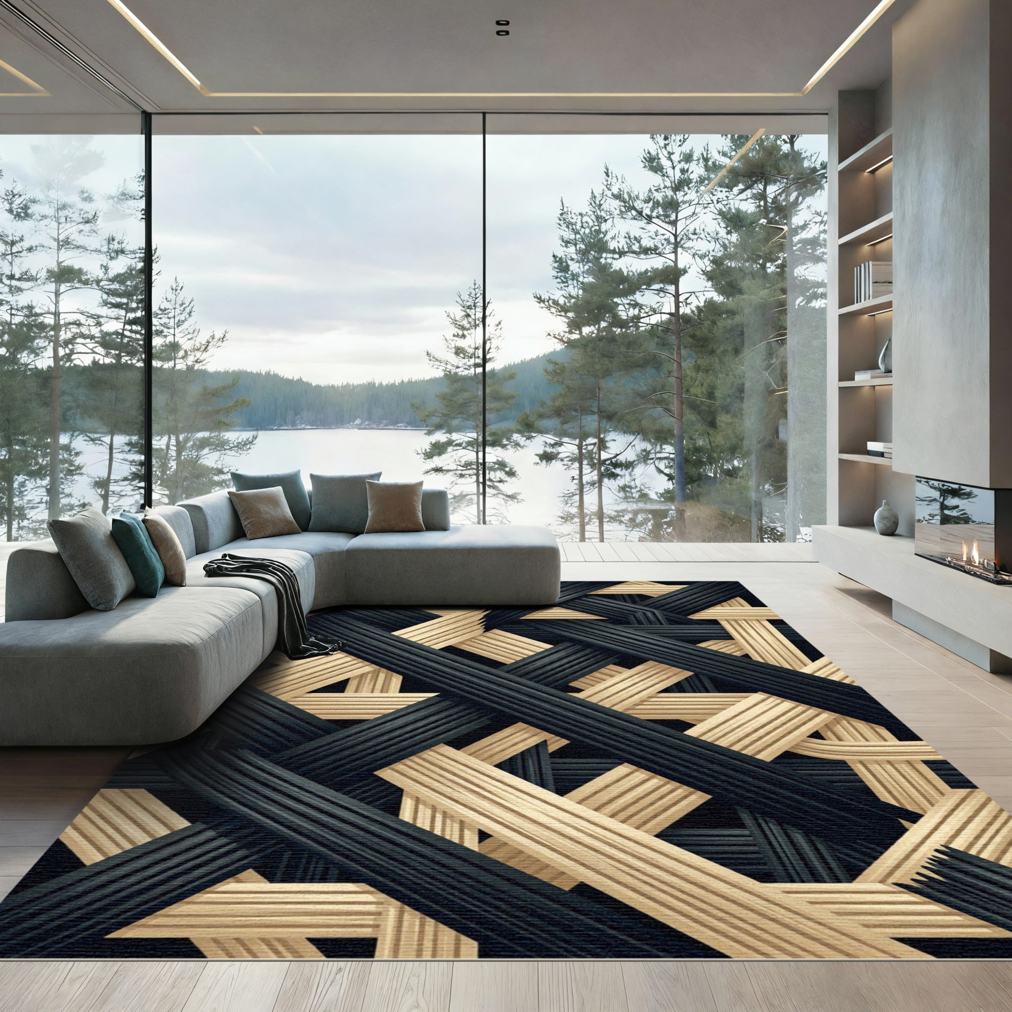 Monochrome Black and Beige Interwoven Grid Rug