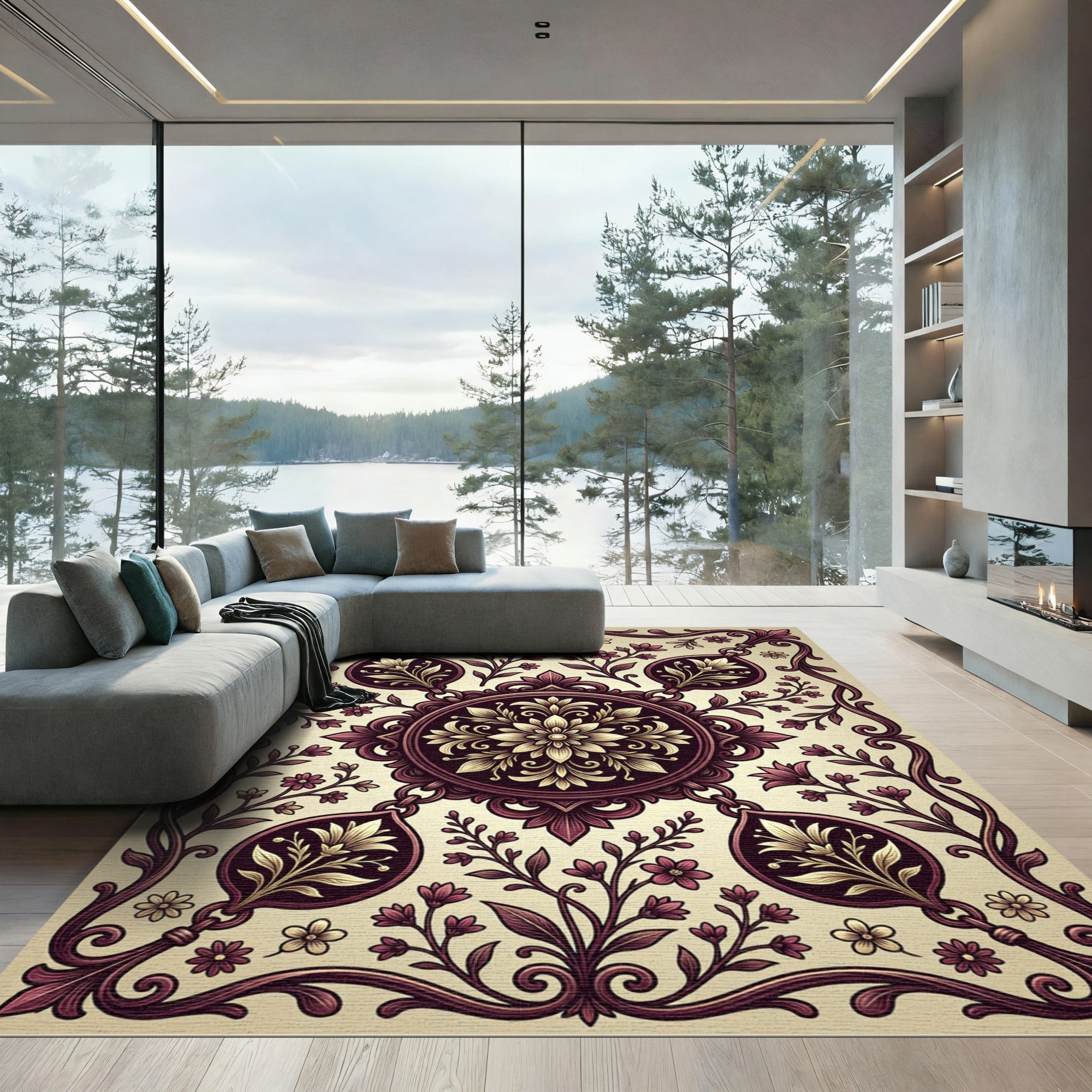 Elegant Burgundy Cream Floral Damask Rug