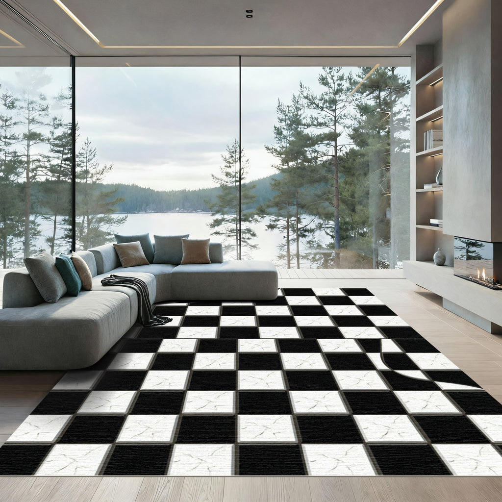 Black White Cracked Checkered Square Rug