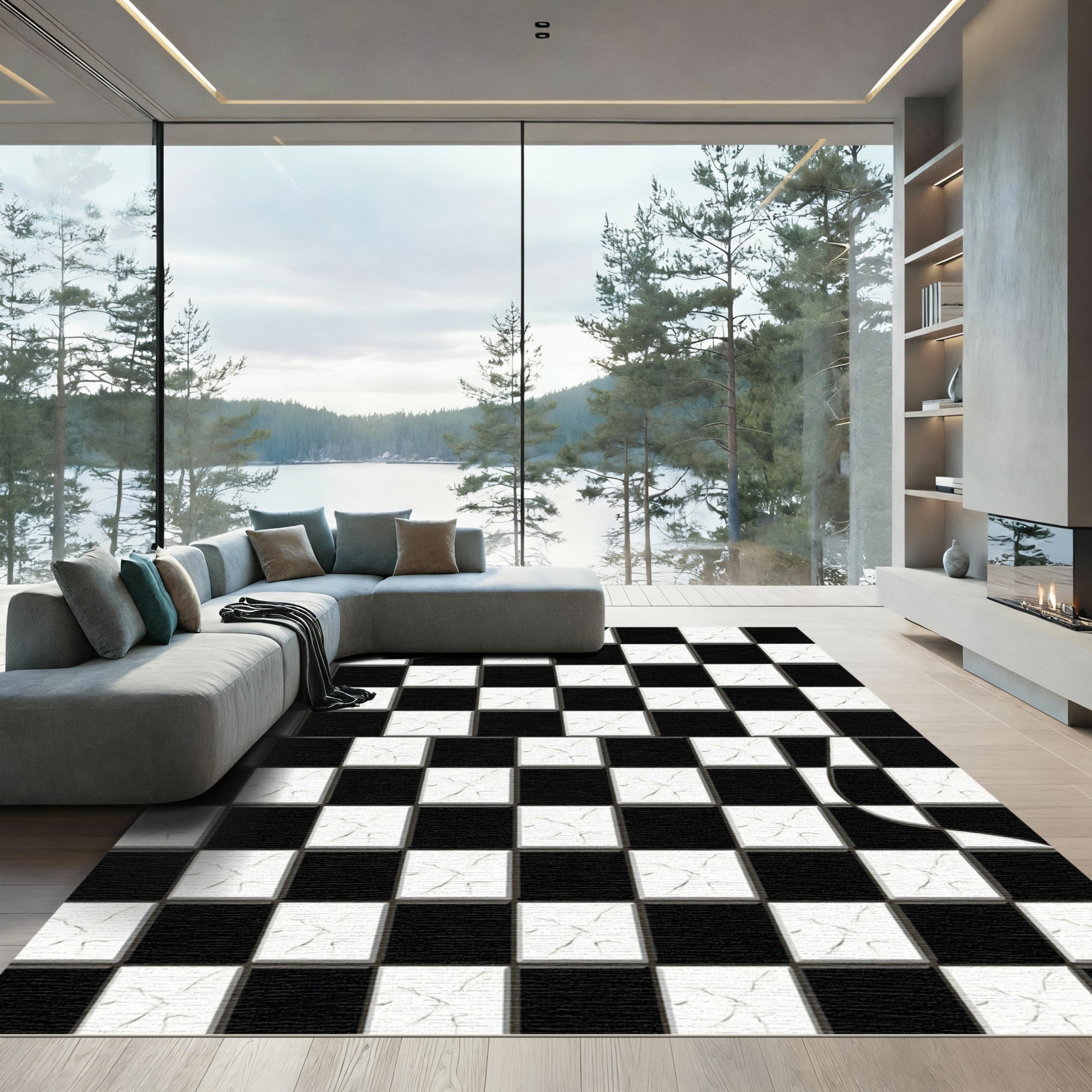 Black White Cracked Checkered Square Rug