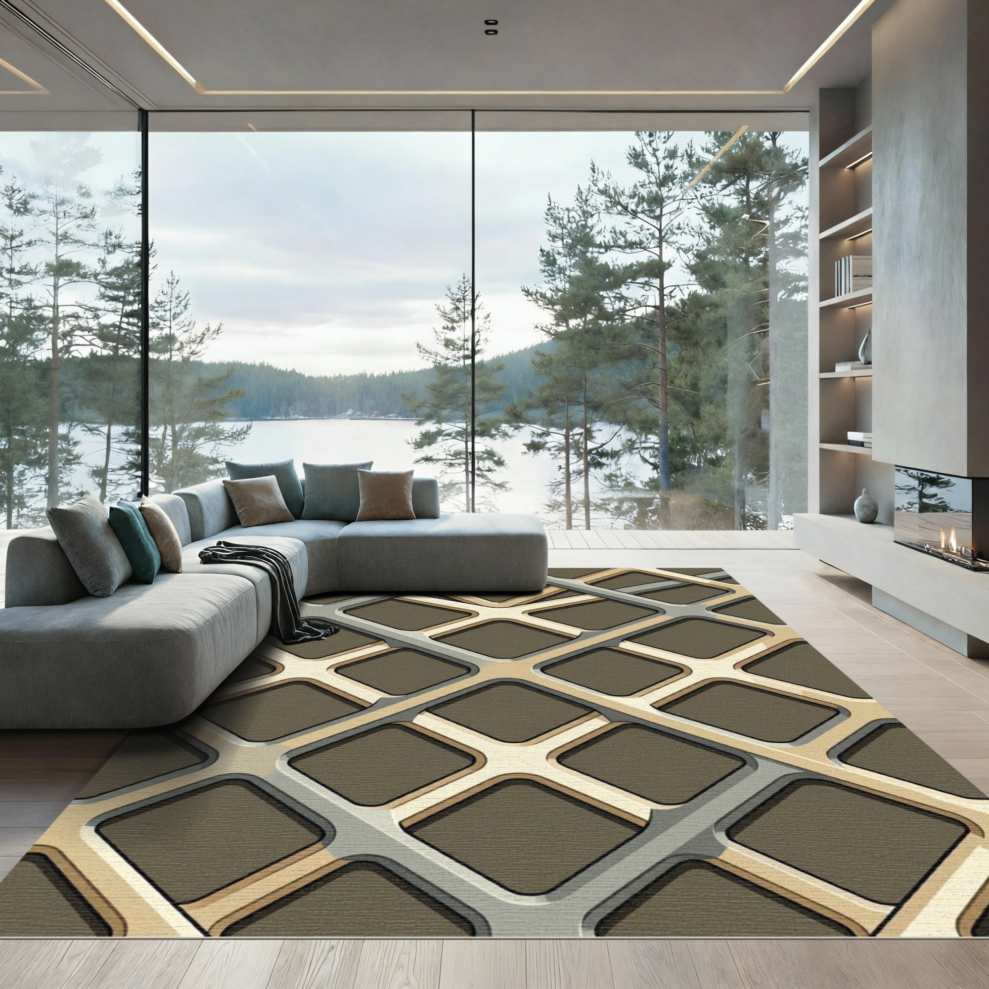 Modern Tan Gray Interlocking Squares Rug