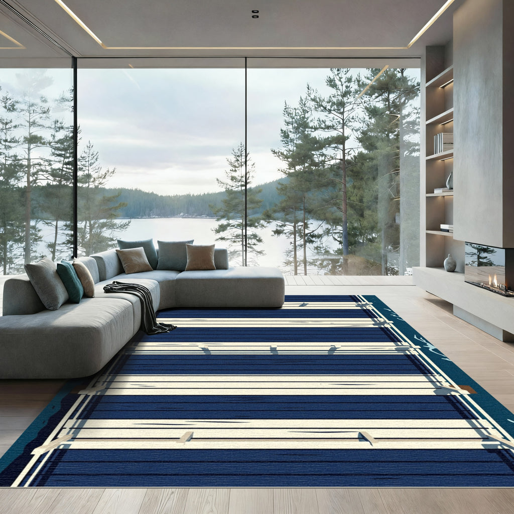 Modern Navy Blue Horizontal Stripe Rug
