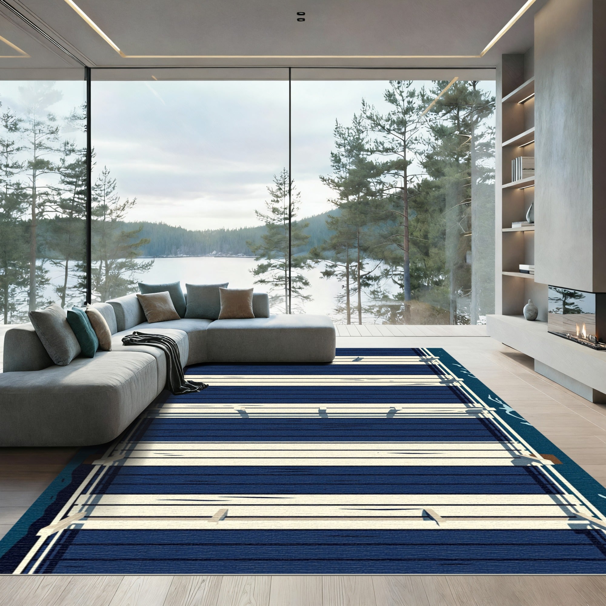 Modern Navy Blue Horizontal Stripe Rug