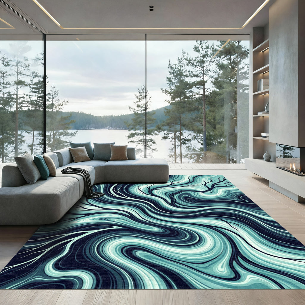 Abstract Teal Fluid Branch Flow Rug