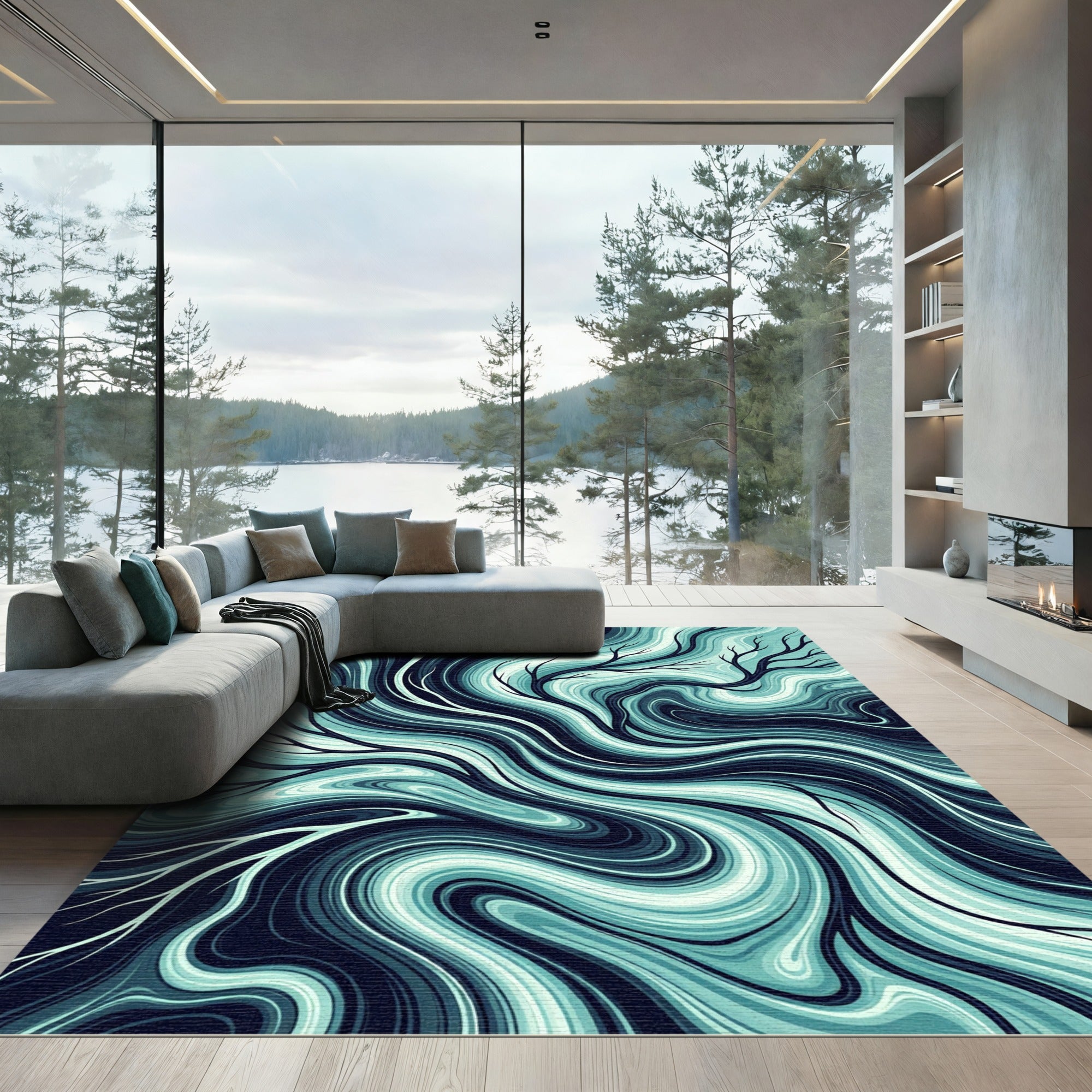 Abstract Teal Fluid Branch Flow Rug