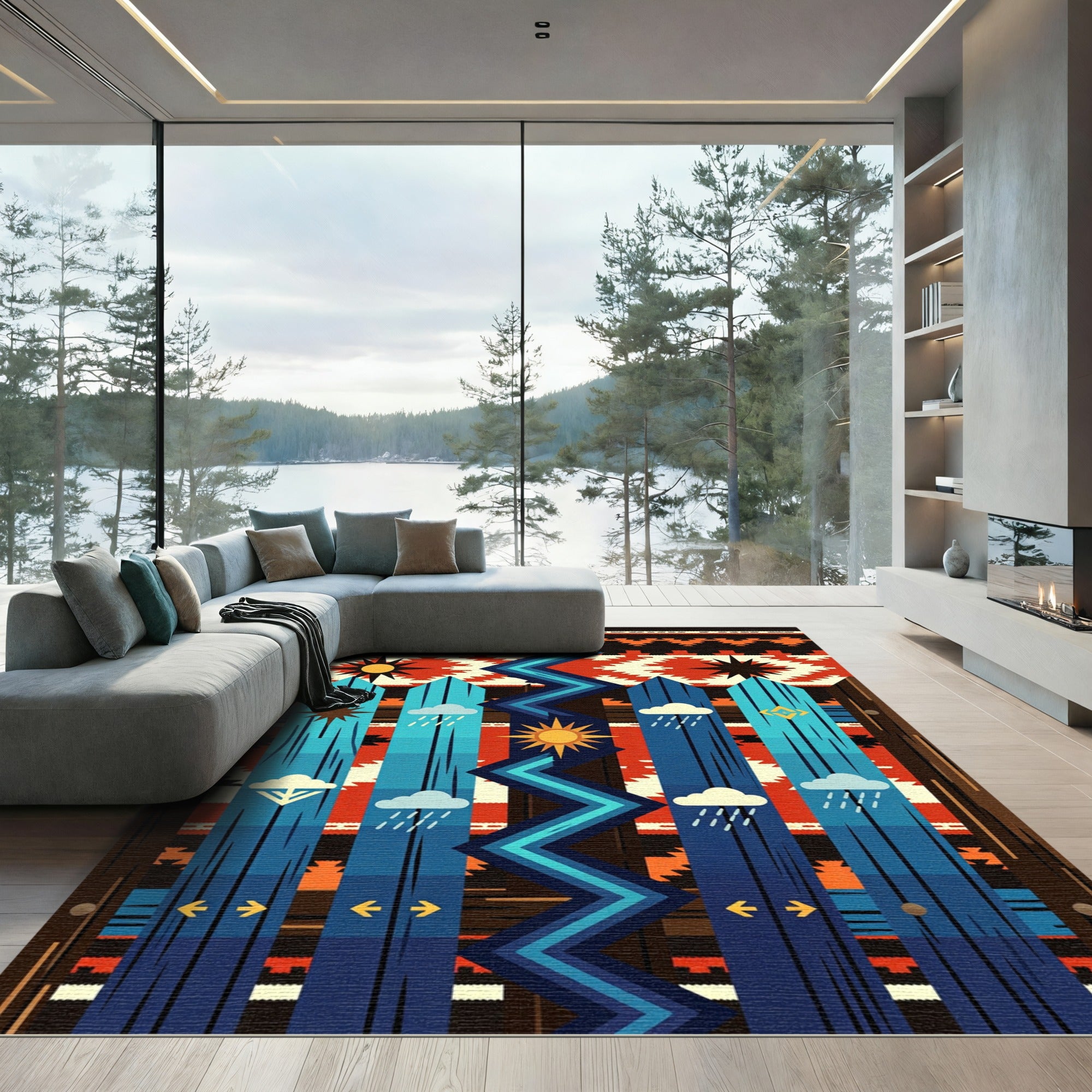 Red Navajo Cloud Sun Zigzag Fence Rug