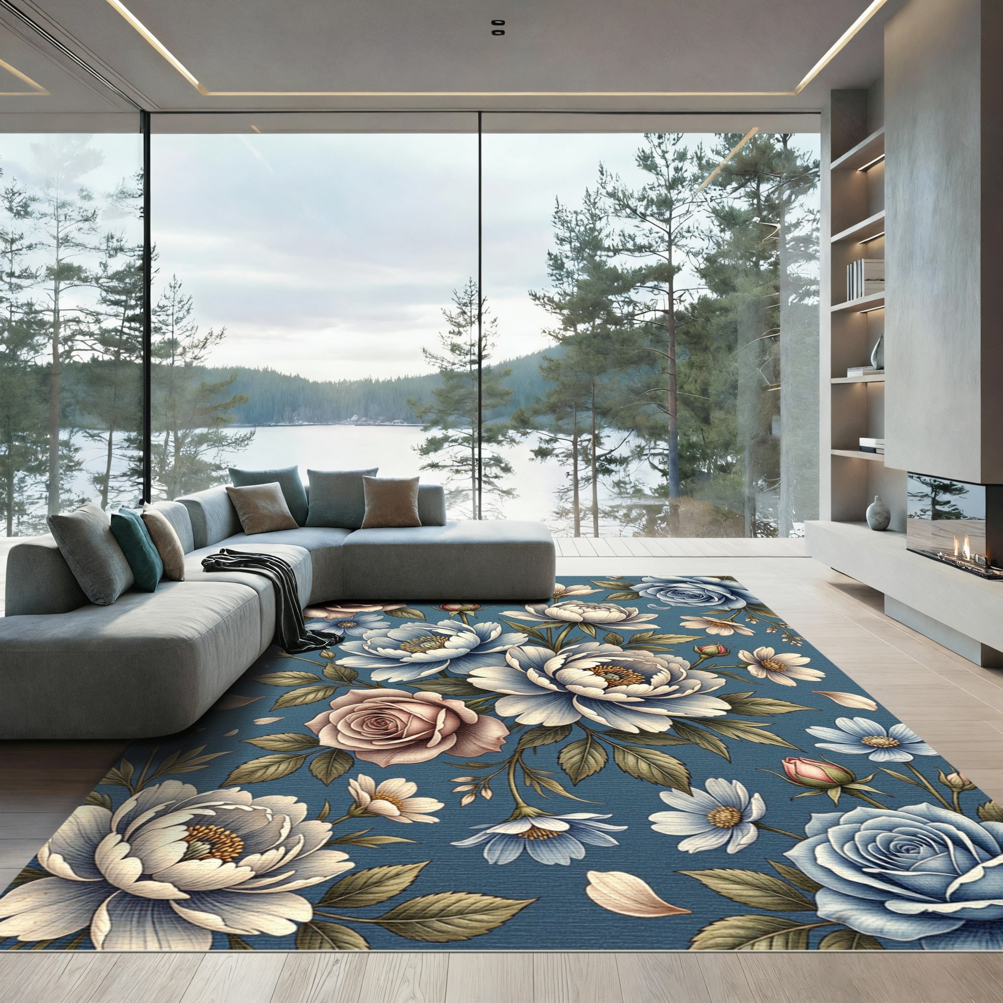 Vintage Blush and Blue Floral Bouquet Rug