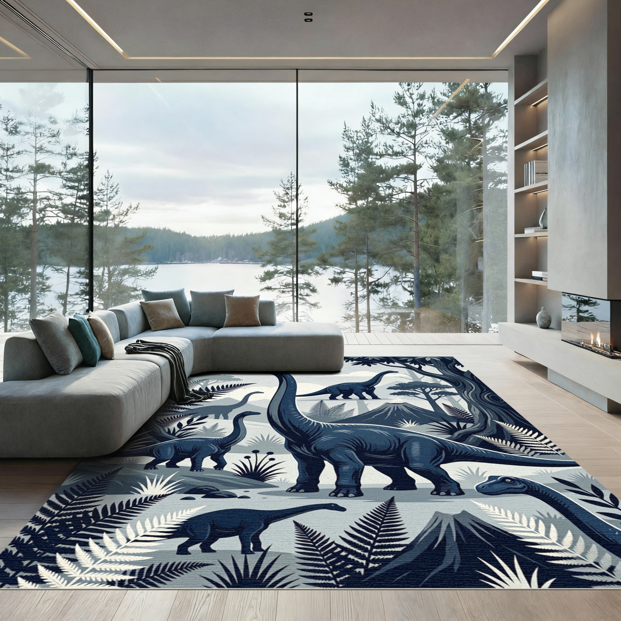 Monochrome Prehistoric Dinosaur Forest Landscape Rug