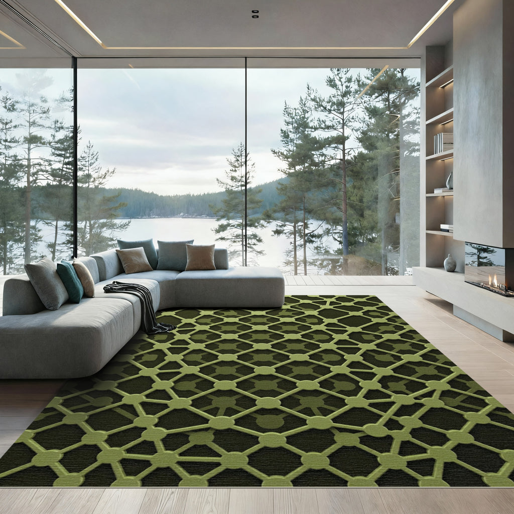Olive Green Geometric Interconnected Grid Rug