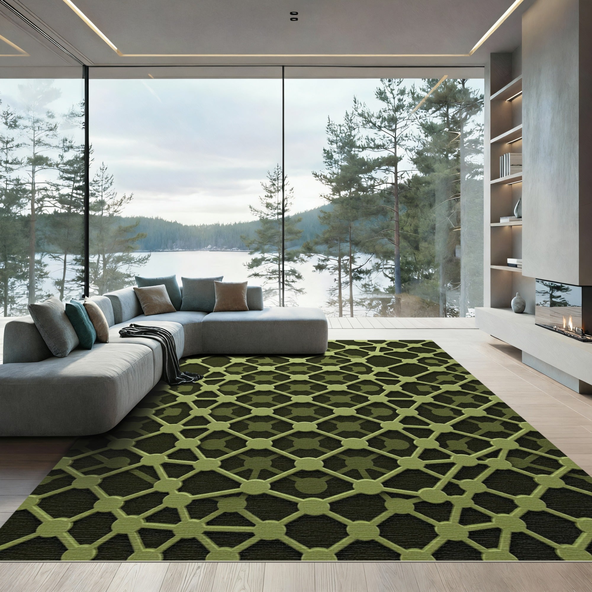 Olive Green Geometric Interconnected Grid Rug