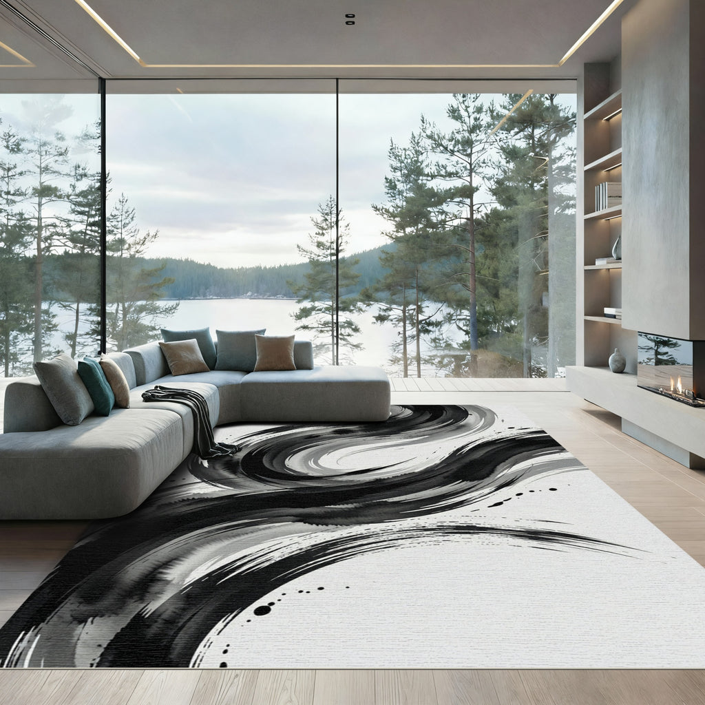Monochromatic Ink Swirl Abstract Rug
