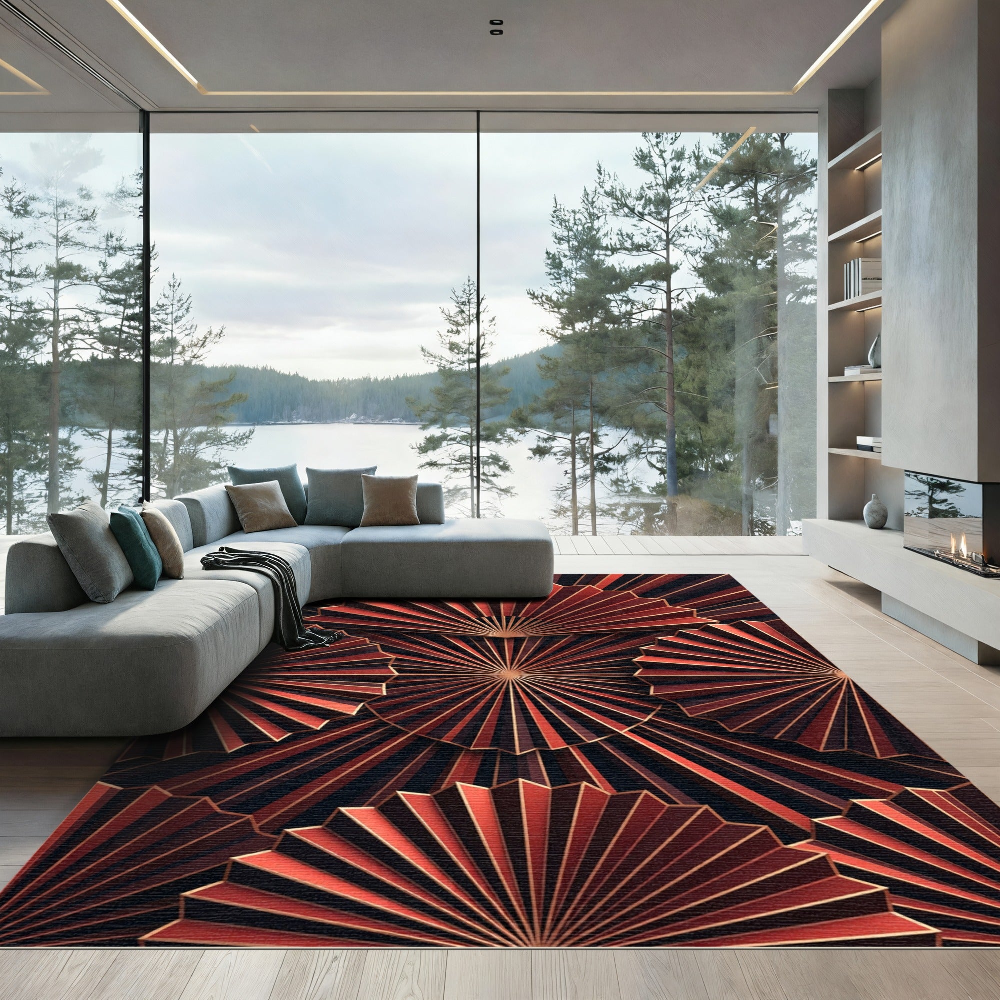 Crimson Golden Fan Layers Rug