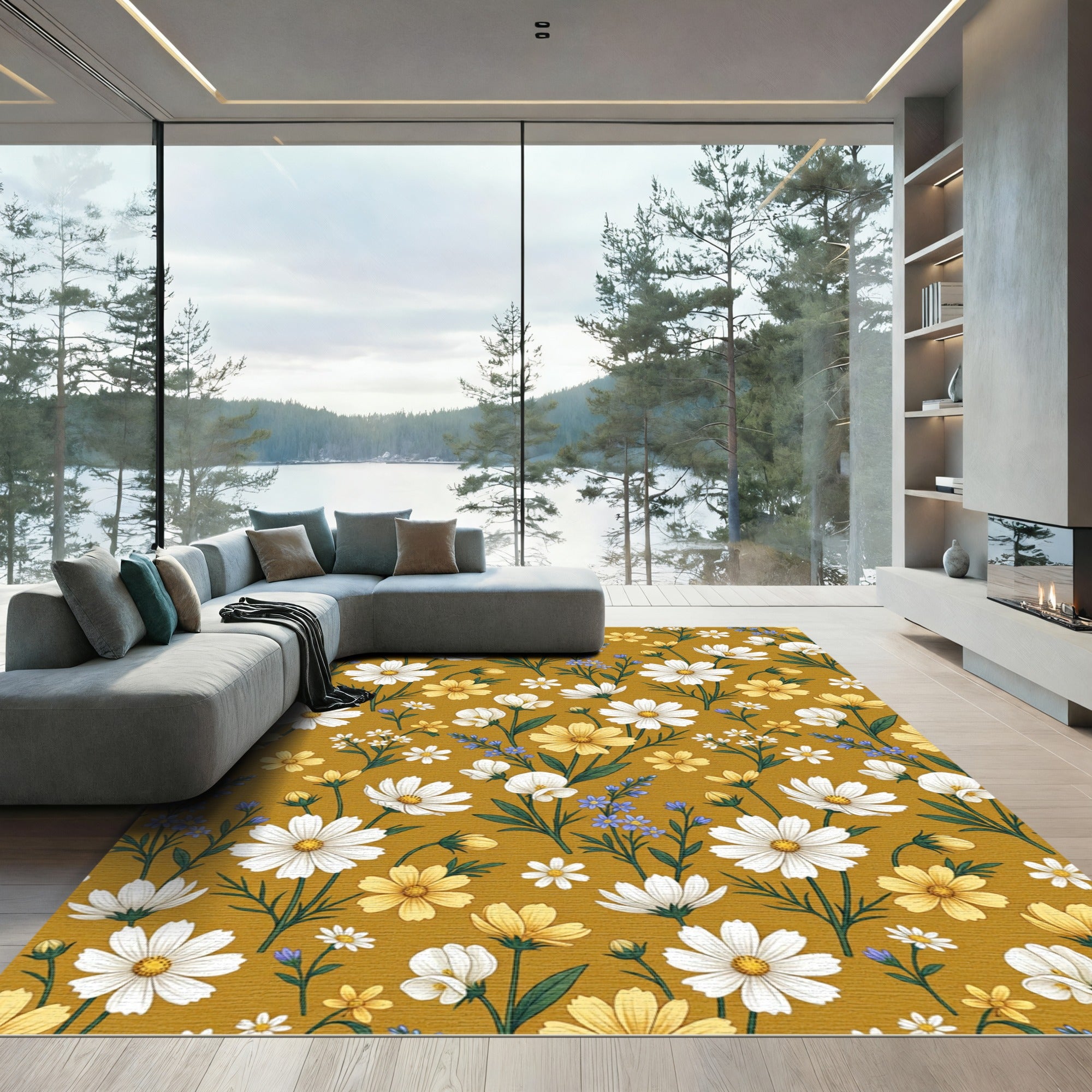Golden Mustard Wildflower Meadow Floral Rug