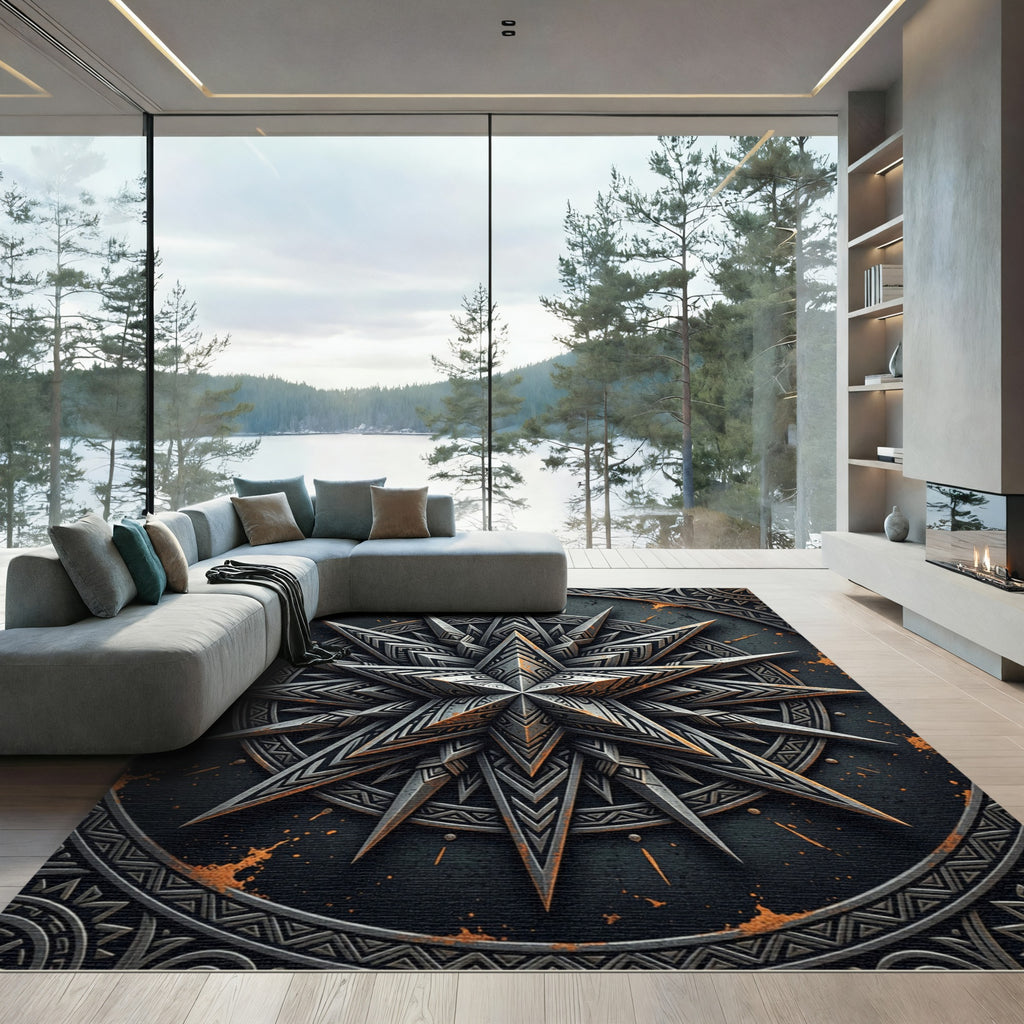 Metallic Starburst Geometric Aged Slate Rug