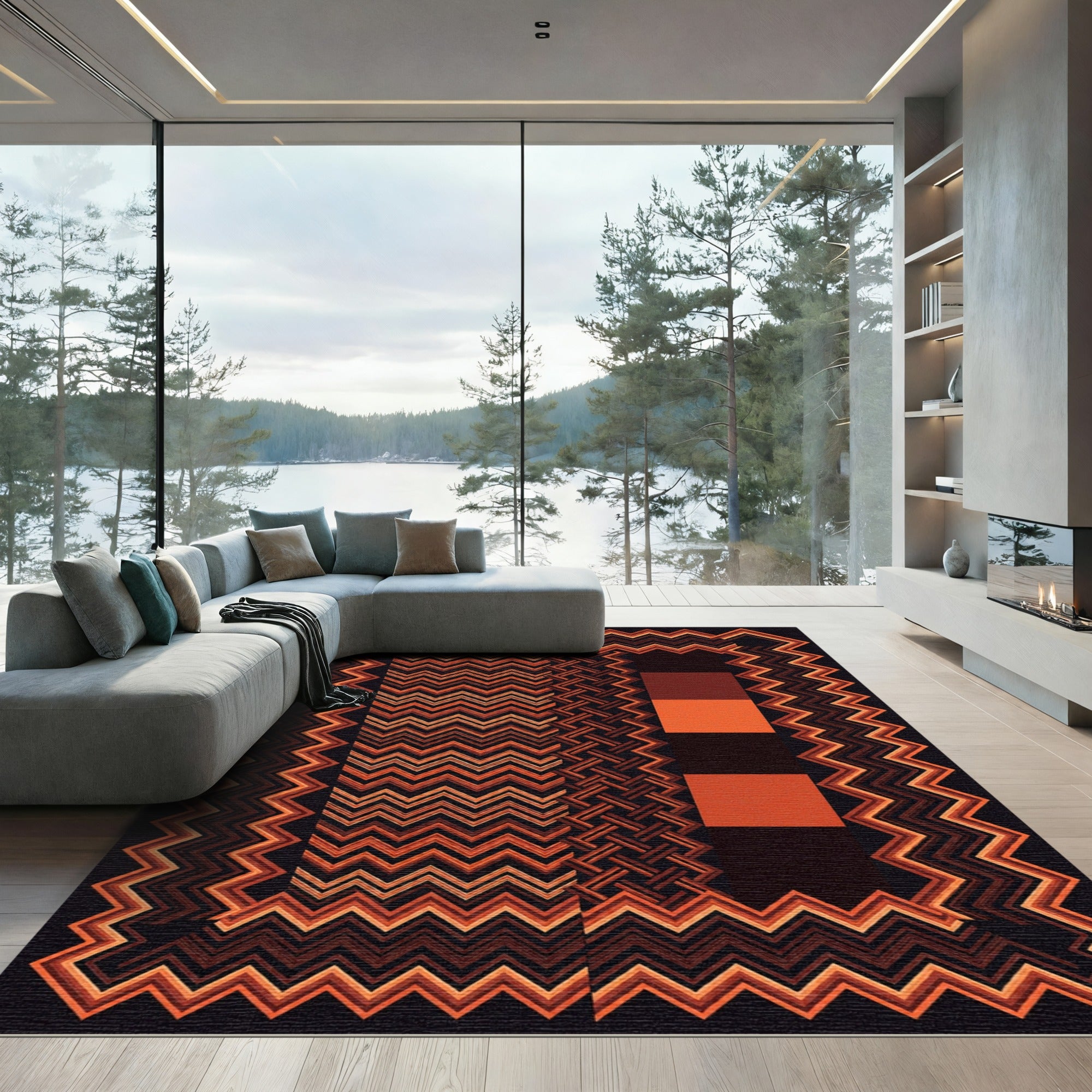 Rustic Earthy Chevron Squares Rug