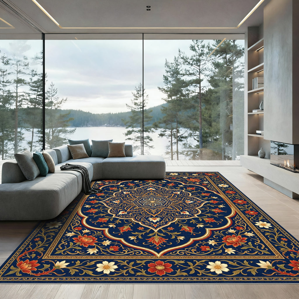 Rich Blue Floral Medallion Art Deco Rug