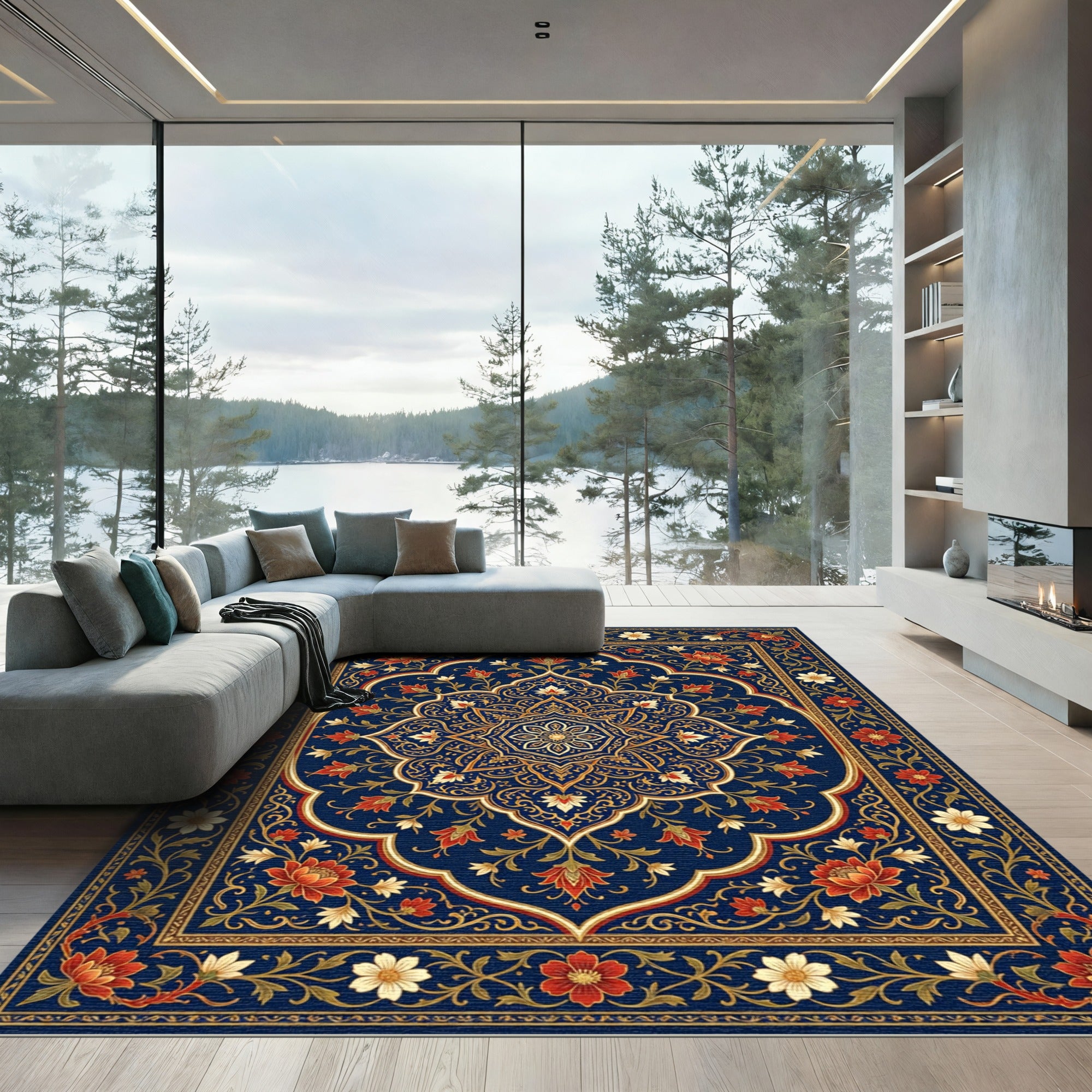 Rich Blue Floral Medallion Art Deco Rug